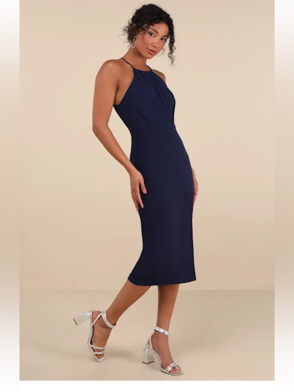 Lulu's Midnight Navy Halter Midi Dress Large NWOT